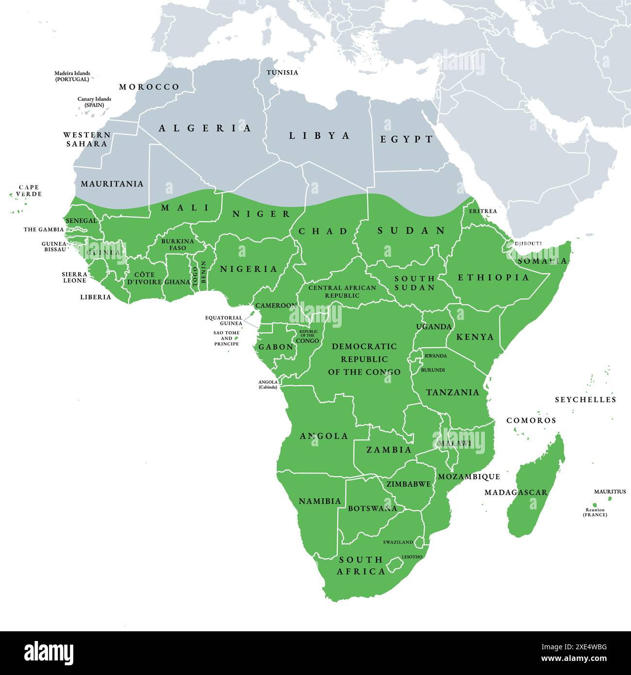 SubSaharan Africa, political map. Also known as Subsahara or NonMediterranean Africa. Area and