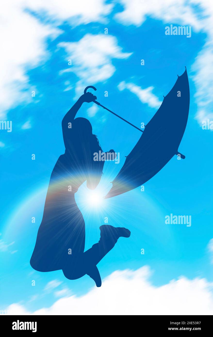 Silhouette of woman jumping with umbrella Stock Photo - Alamy