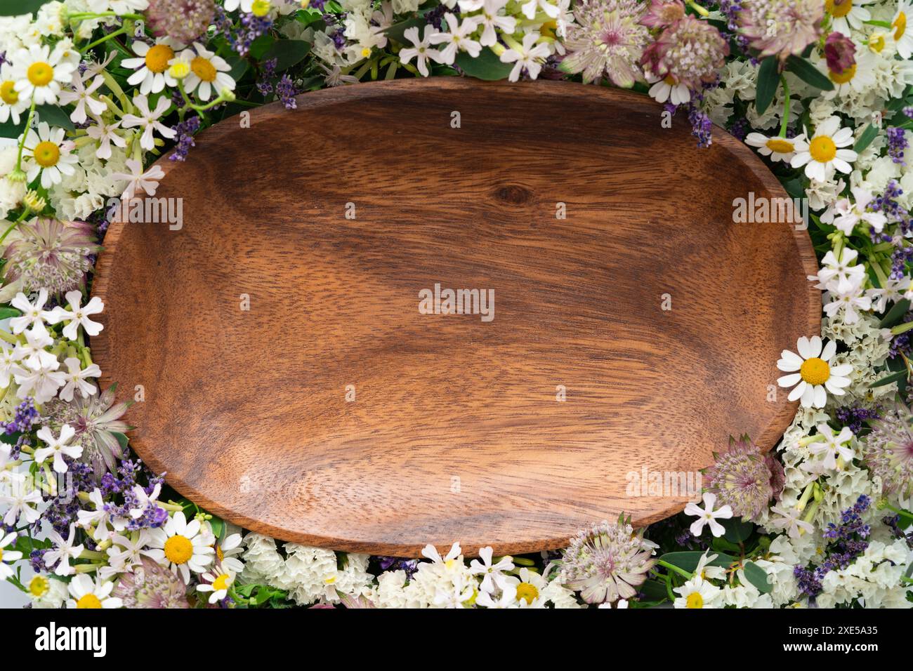 Wooden plate placed on a small small flower on one side Stock Photo