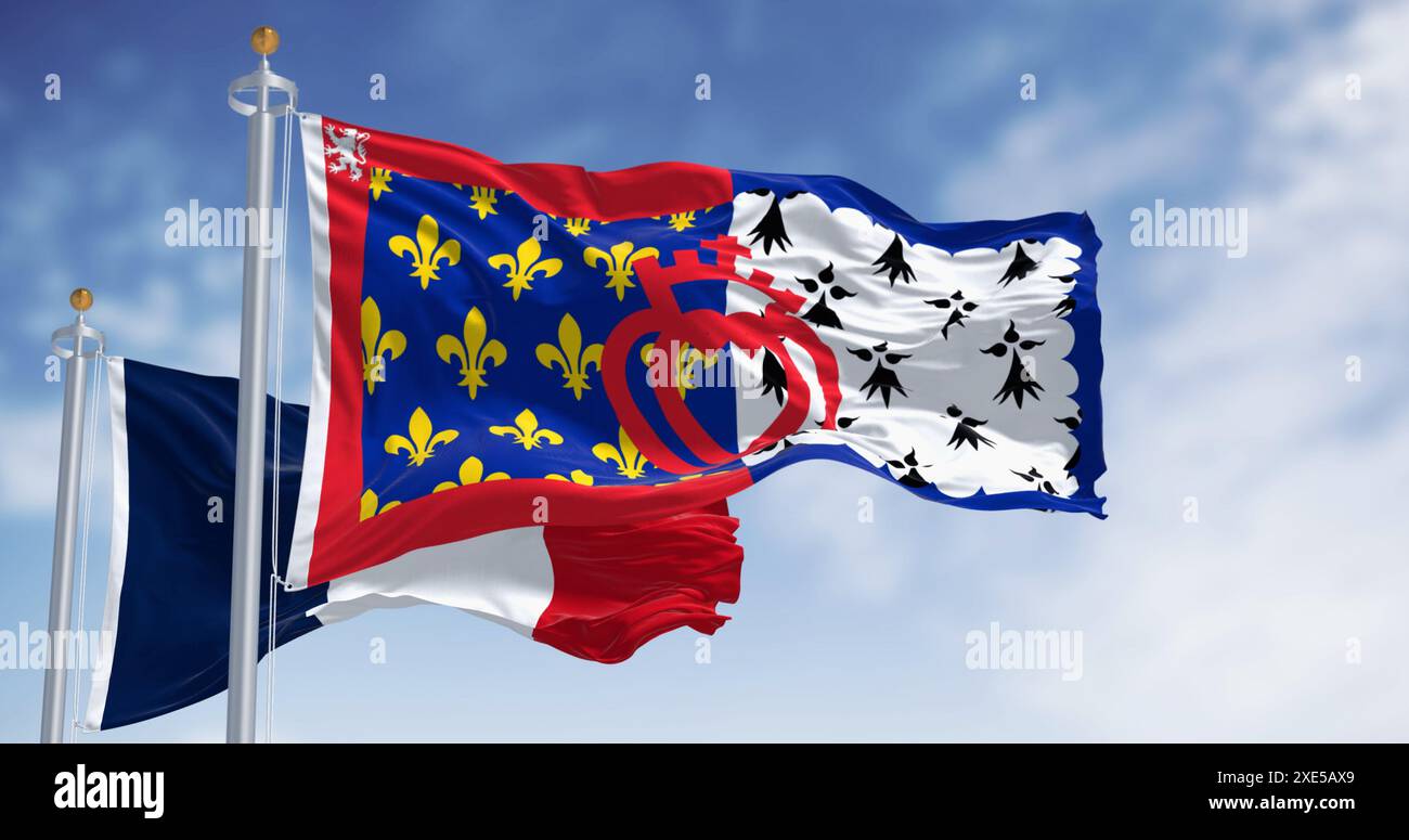 The flag of Pays de la Loire French region waving in the wind on a clear day. Pays de la Loire is one of the 18 regions of France, in the west of the Stock Photo