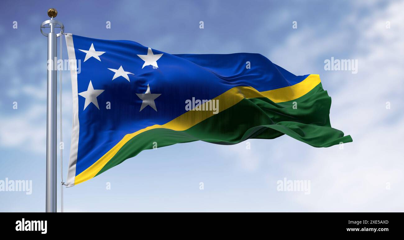 Detail of the national flag of Solomon Islands waving in the wind on a ...