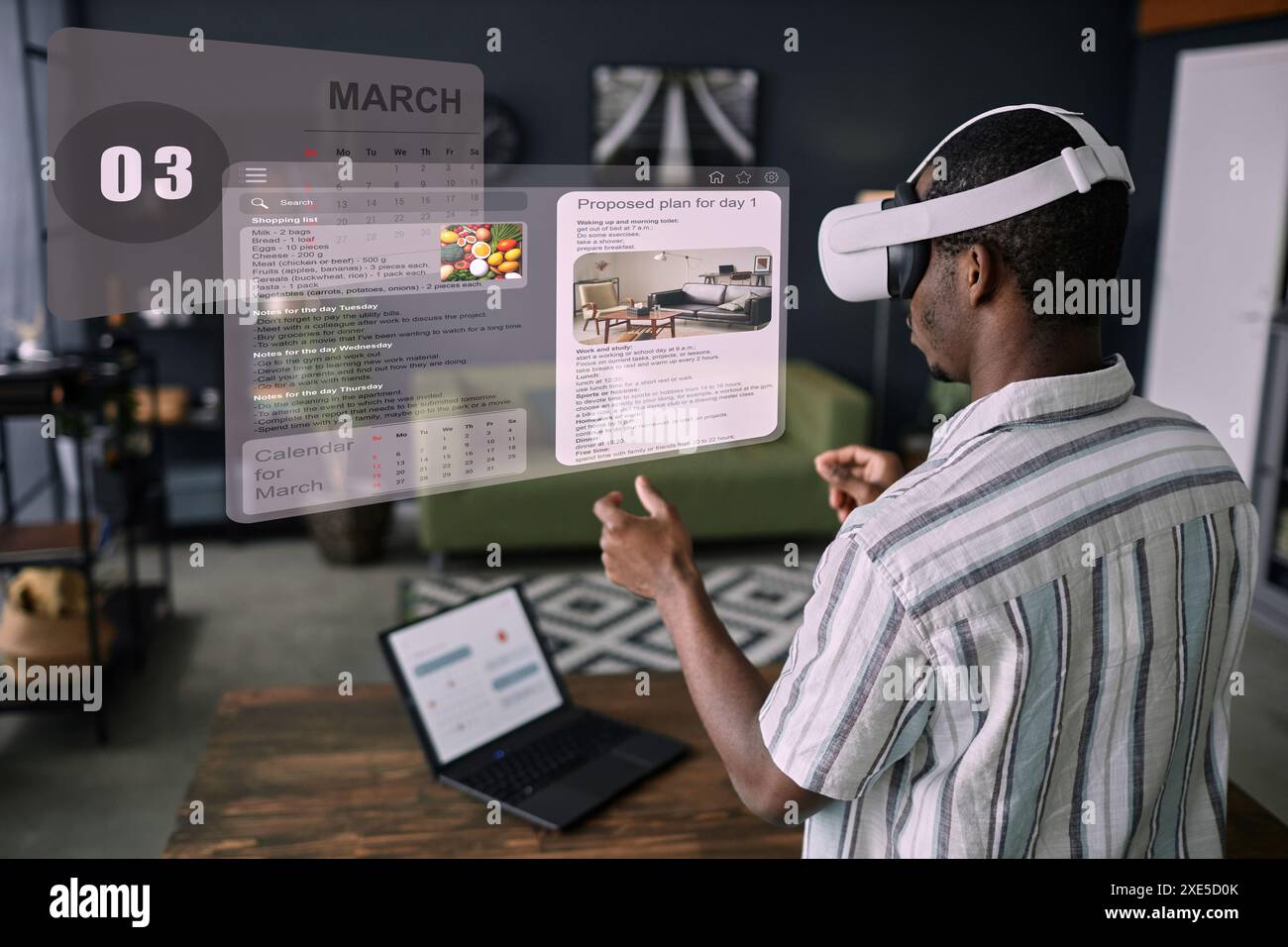 Modern young Black man wearing VR headset standing in living room using ...