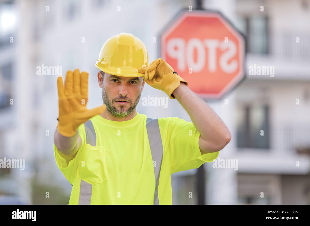 Avoid. Sign Workers Worker with stop road sign. Builder with stop gesture, no hand ...