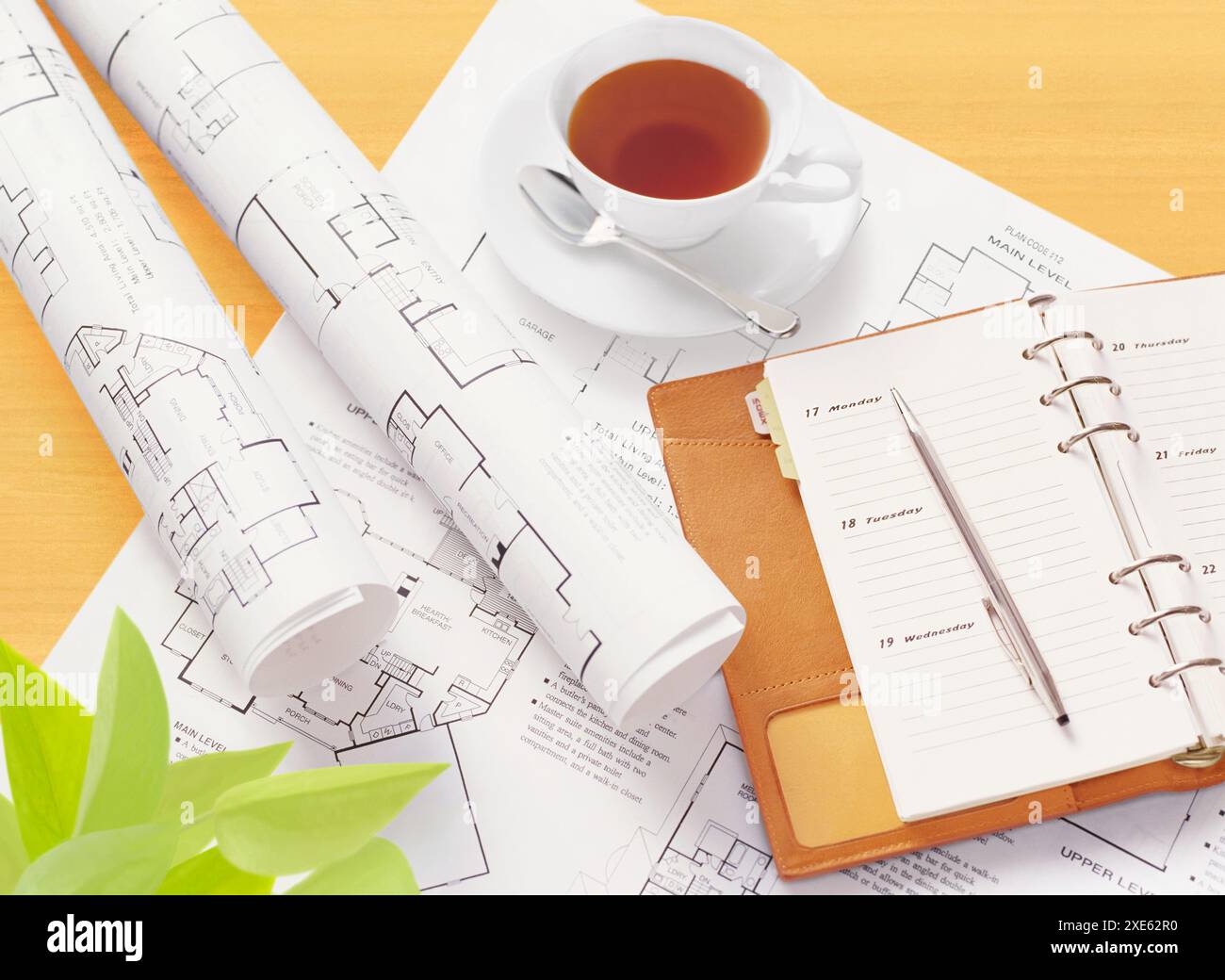 Drawings, tea and system notebook Stock Photo