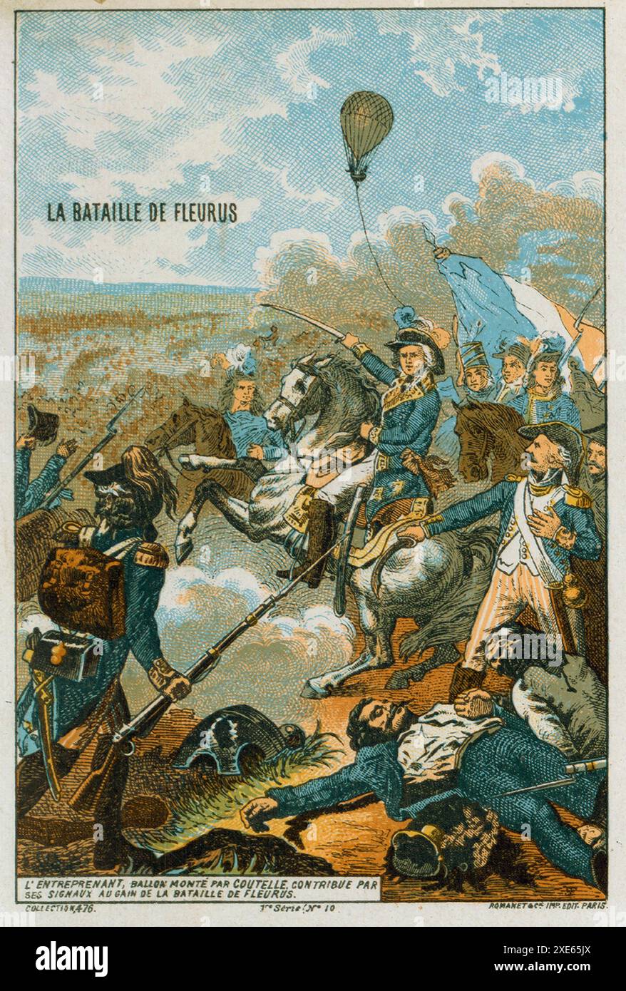 Schlacht bei Fleurus, 26. Juni 1794, Französische Revolutionskriege. Der Einsatz des Entreprenant als Aufklärungsballon, der erste Einsatz eines Ballo Stock Photo