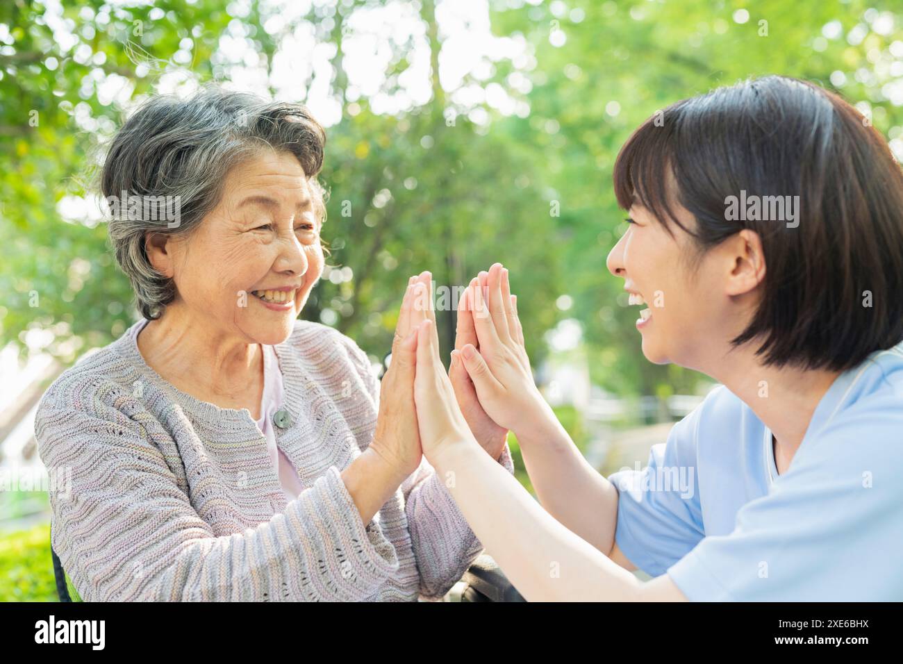 Senior woman in wheelchair and female health care worker Stock Photo ...