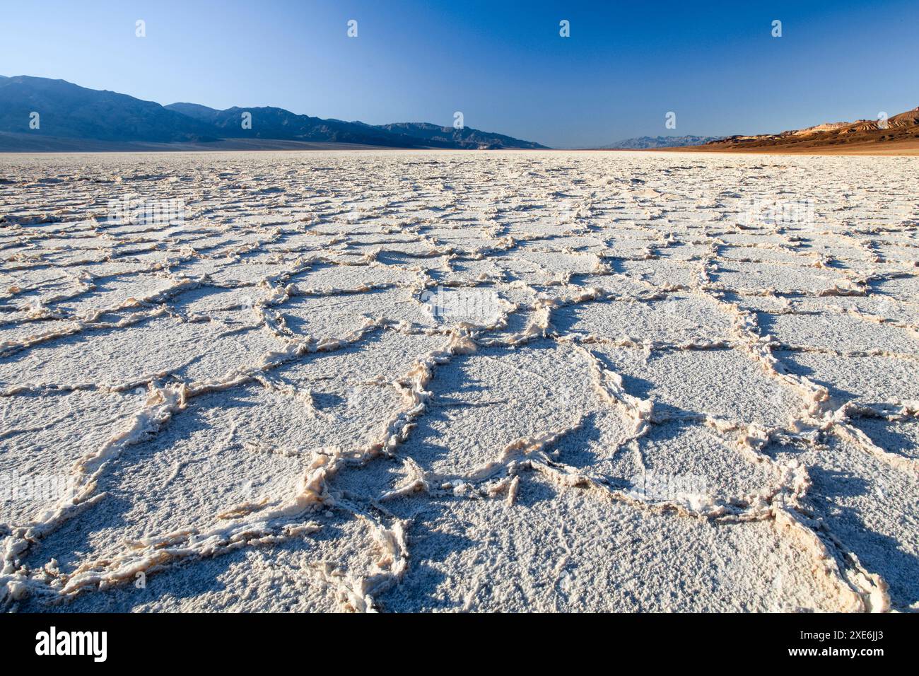 Salt crusts at the Badwater Basin salt flats in the Death Valley which ...