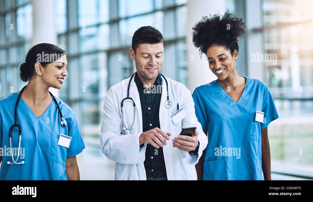 Healthcare, collaboration and doctor with nurses, medicine and talking ...