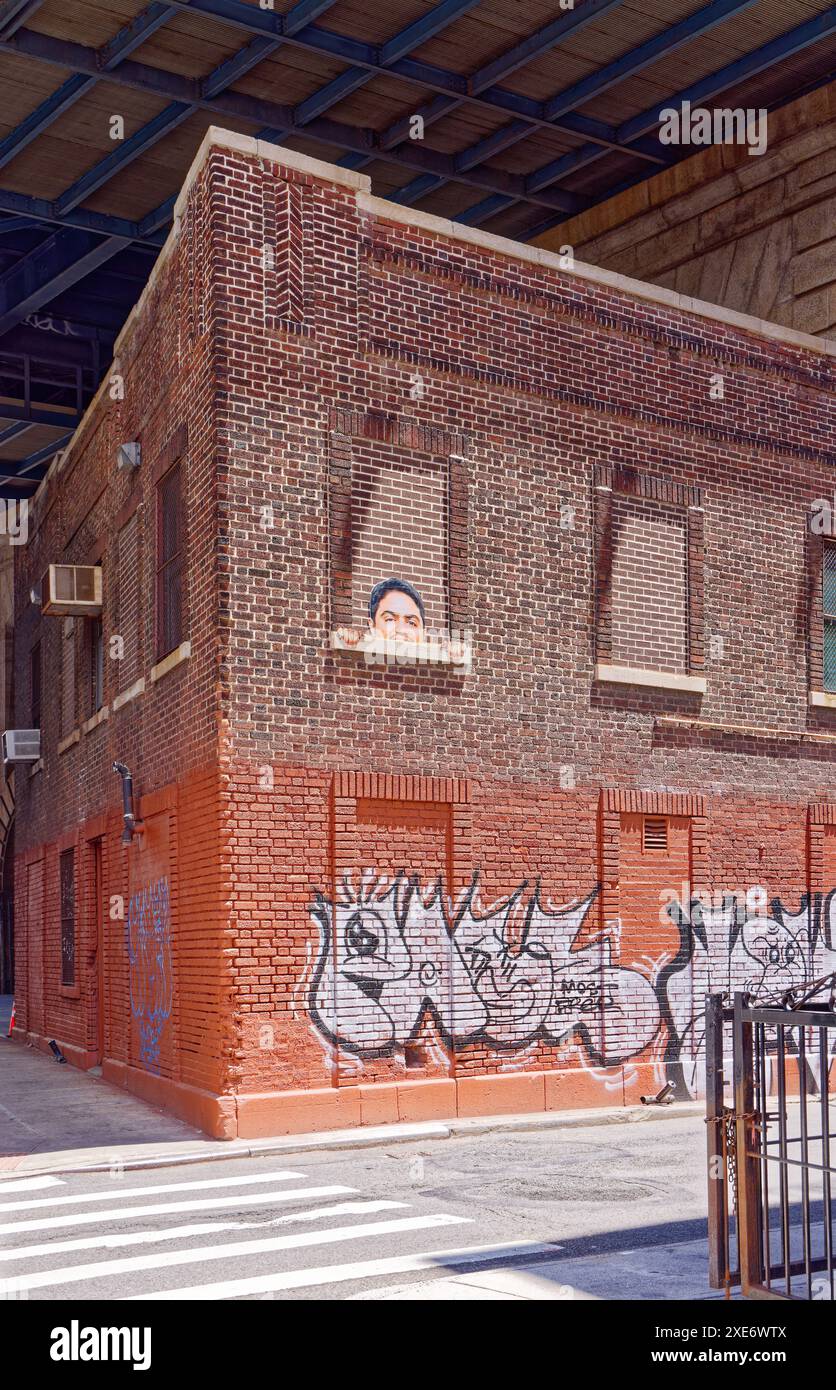 NYC Chinatown: Humorous cutout peers from a bricked-over window at 72 ...