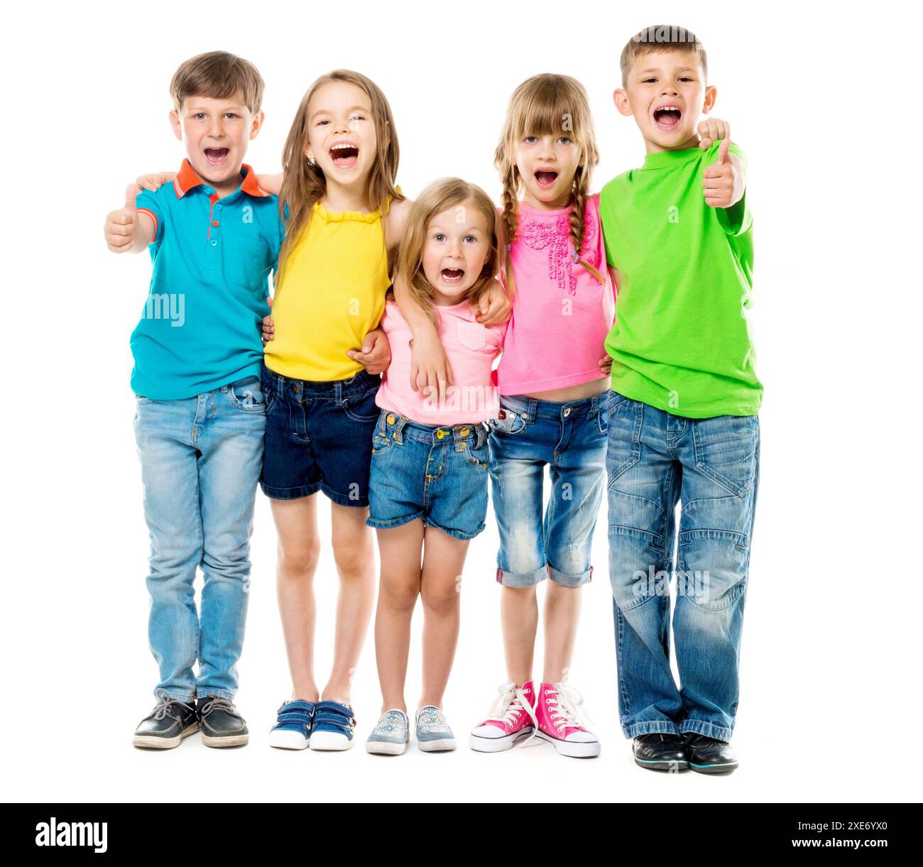 funny laughing children embracing each other with thumbs up in colorful ...