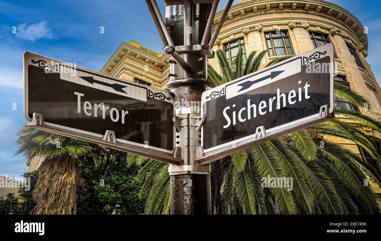 An image with a signpost pointing in two different directions in German. One direction points to security, the other points to terror. Stock Photo