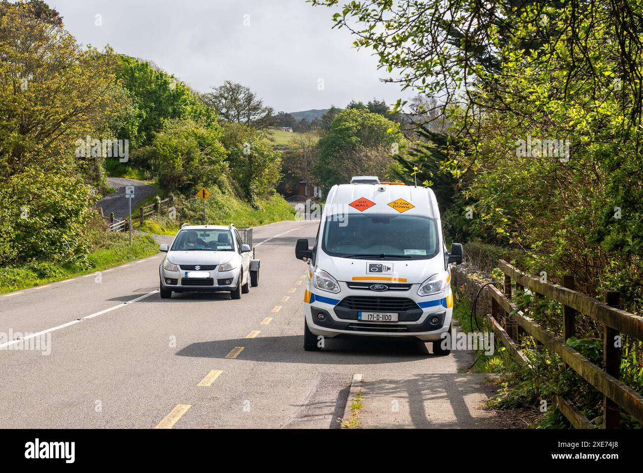 Irish Speed Van at the roadside catching speeding drivers in Schull, West Cork, Ireland. Stock Photo