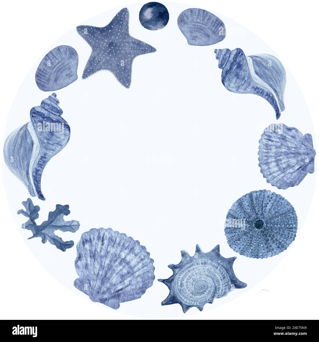 Shell frame monochrome in blue watercolor hand-drawn isolated on white ...