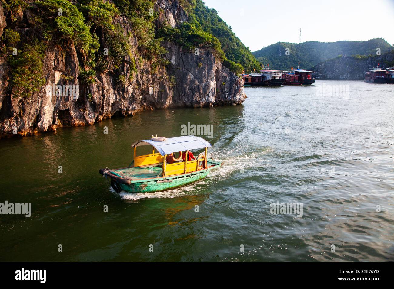 Ha Long Bay from Cat Ba island, Ha Long city in the background, UNESCO World Heritage Site, Vietnam, Indochina, Southeast Asia, Asia Stock Photo