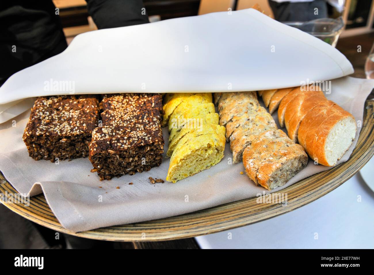 Bread assortment served at the restaurant Majorenhoff, Majori, Jurmala, Gulf of Riga, Latvia, Baltic region, Europe Stock Photo