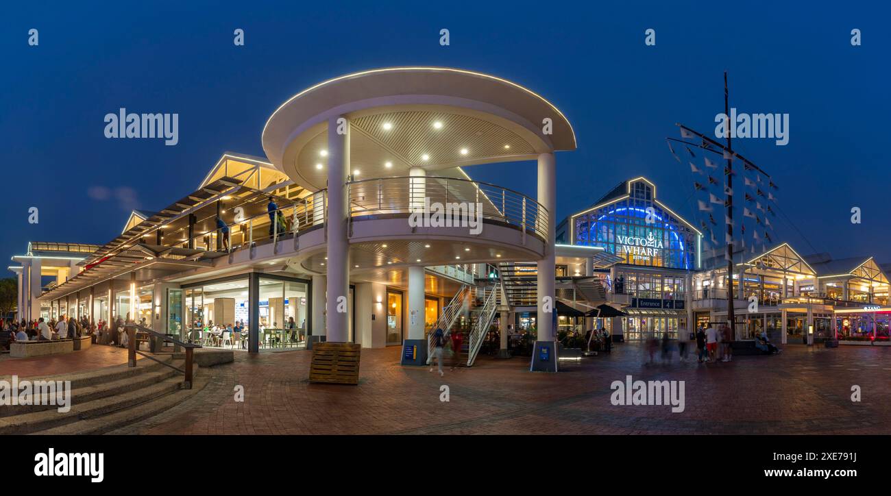 View of restaurants in the Waterfront at dusk, Cape Town, Western Cape, South Africa, Africa Stock Photo