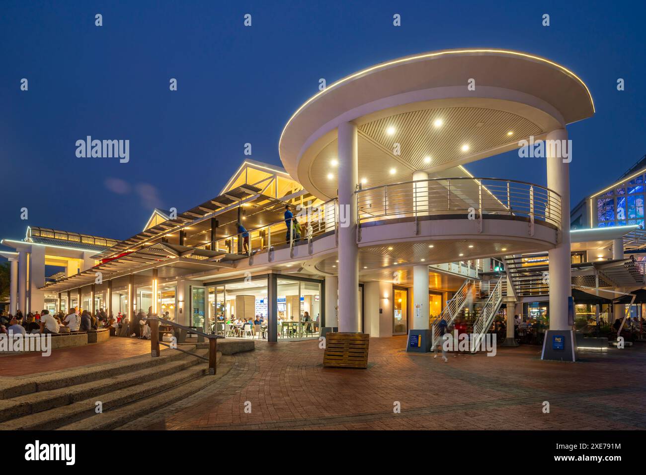 View of restaurants in the Waterfront at dusk, Cape Town, Western Cape, South Africa, Africa Stock Photo