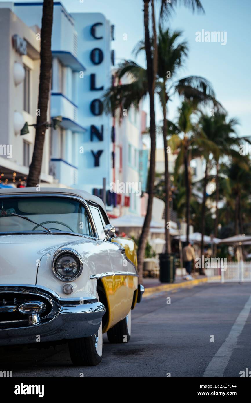 Oldsmobile Super 88 convertible parked in front of the Avalon Hotel, Ocean Drive, South Beach, Miami, Dade County, Florida, United States of America Stock Photo