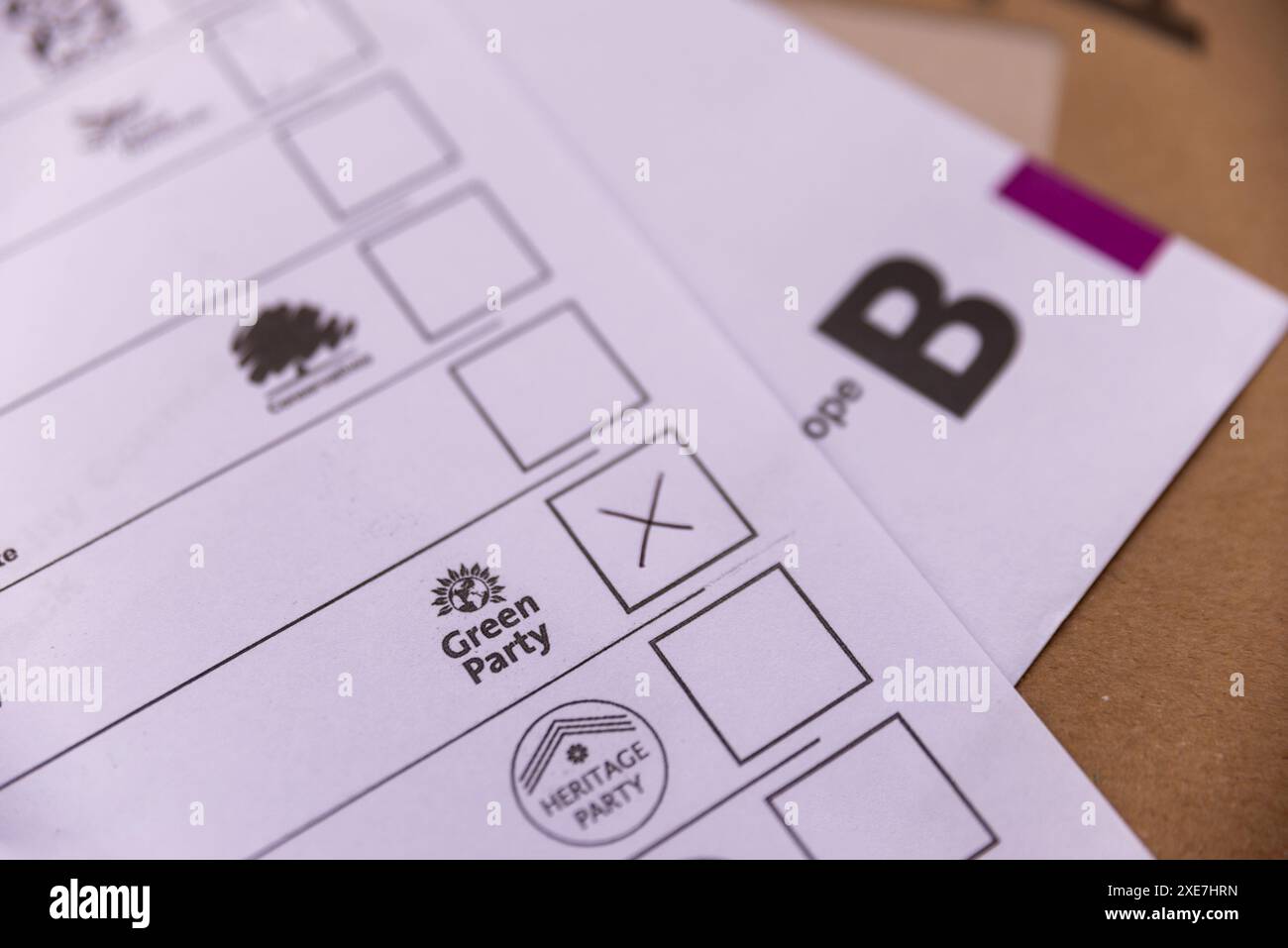 Postal vote with an X in the box for the Green Party, for the 2024 UK