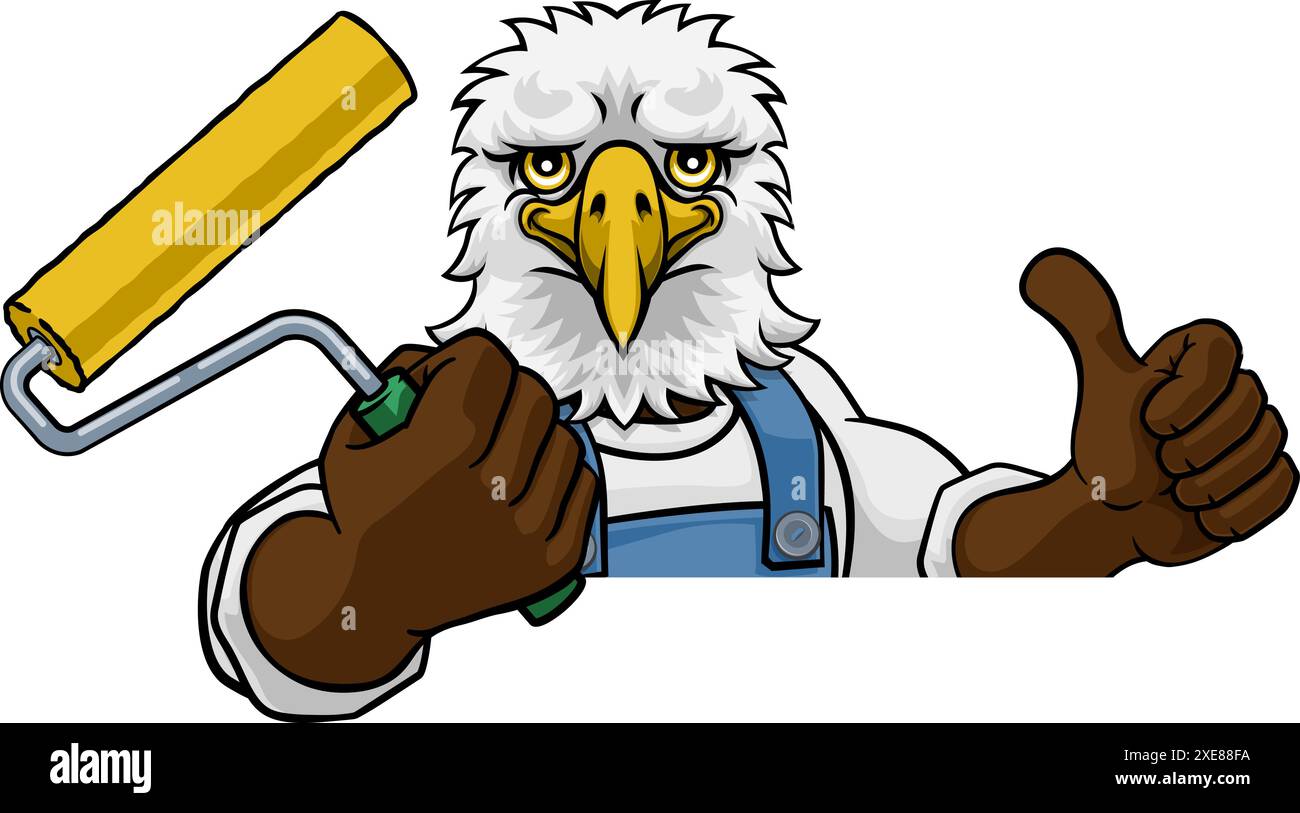 Eagle Painter Decorator Paint Roller Mascot Man Stock Vector