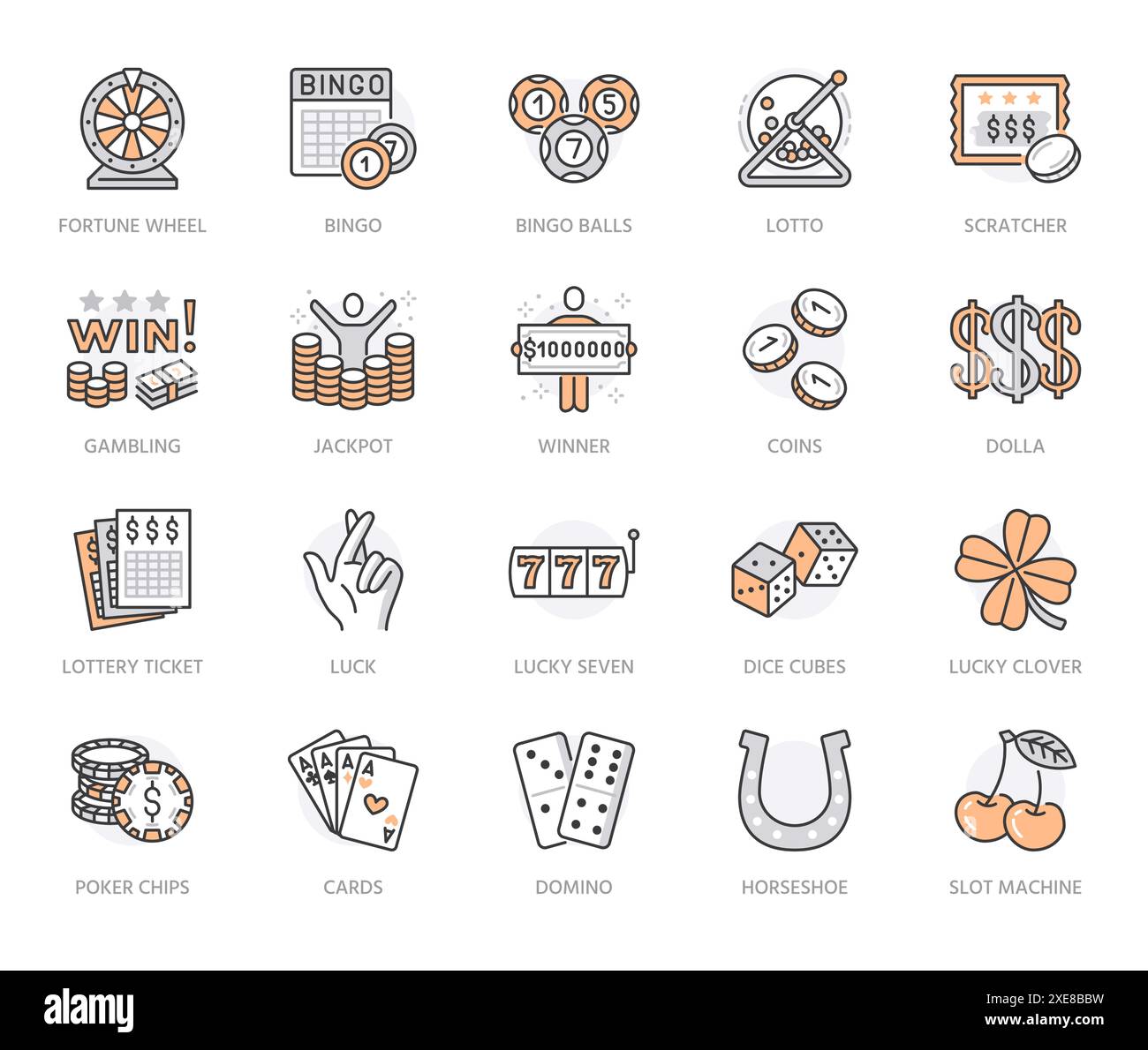 Lottery winner flat line icons set. Win money gambling, casino poker, bingo, wheel of fortune, scratch card vector illustrations. Outline signs for Stock Vector