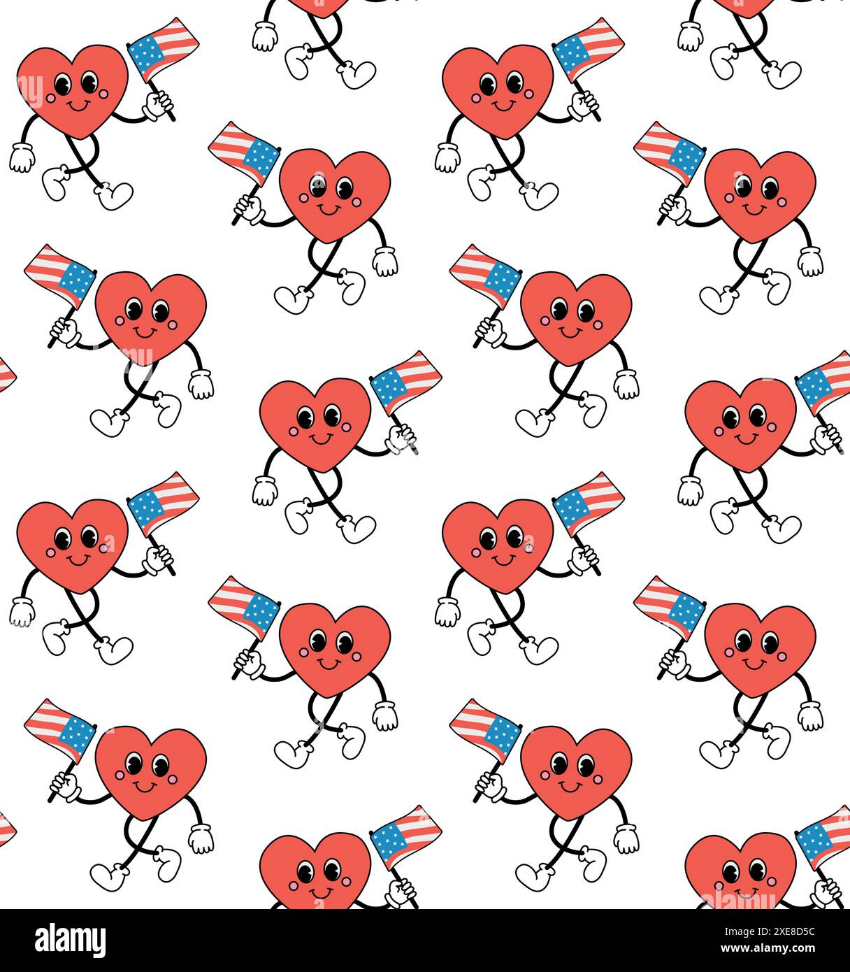 Vector seamless pattern of groovy retro cartoon heart with USA flag ...