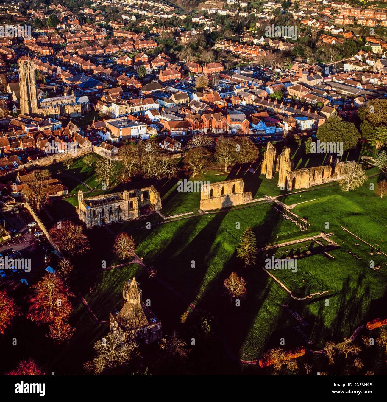 Aerial view of Glastonbury Abbey, was one of the richest and most ...