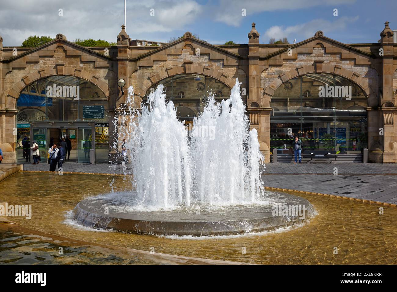 The fountain on the Sheaf Square in front of Sheffield station. South Yorkshire. England Stock Photo