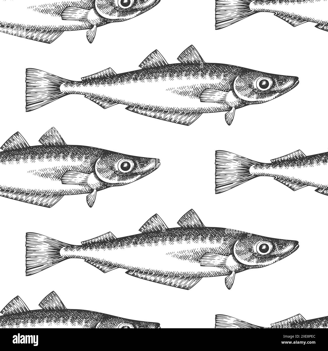 Vintage Style Blue Whiting Seamless Pattern. Vector Hand Drawn Fish
