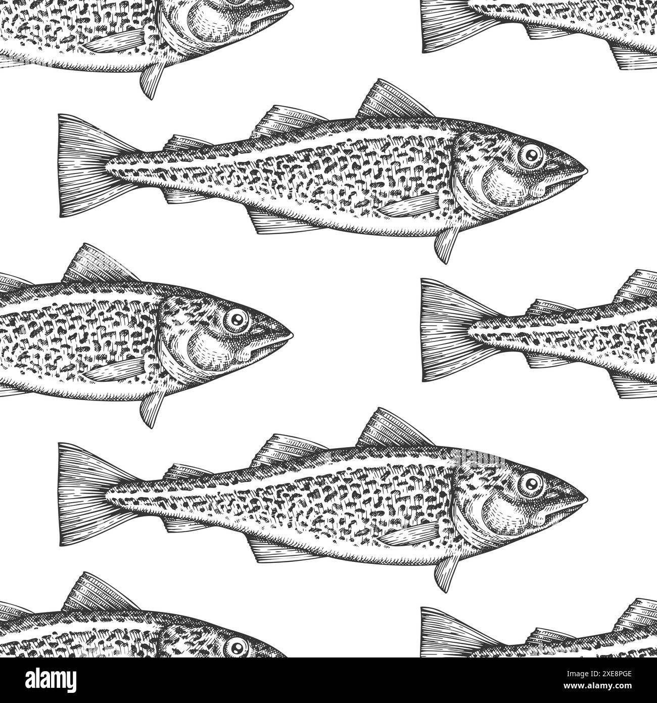 Vintage Style Cod Fish Seamless Pattern. Vector Hand Drawn Fish ...