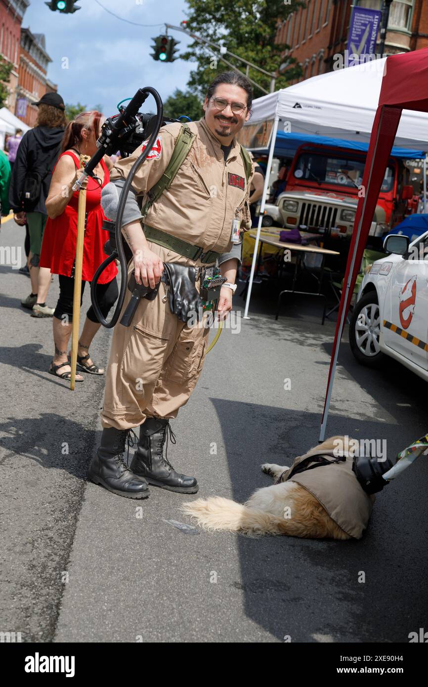 Johnstown, New York, June 22, 2024: Ghostbusters cosplayers took to the streets at the annual Toying Around block party. Stock Photo