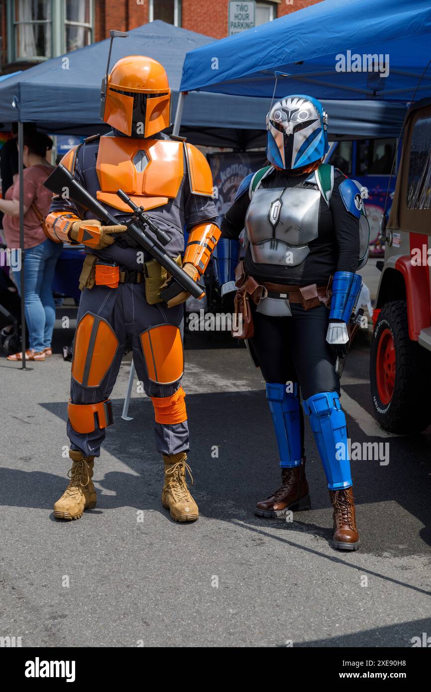 Johnstown, New York, June 22, 2024: Cosplayers took to the streets at the annual Toying Around block party. Stock Photo