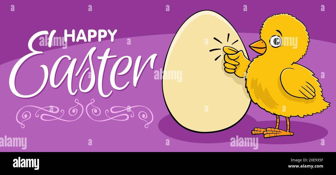 Cartoon Easter Chick knocking on an egg greeting card Stock Photo