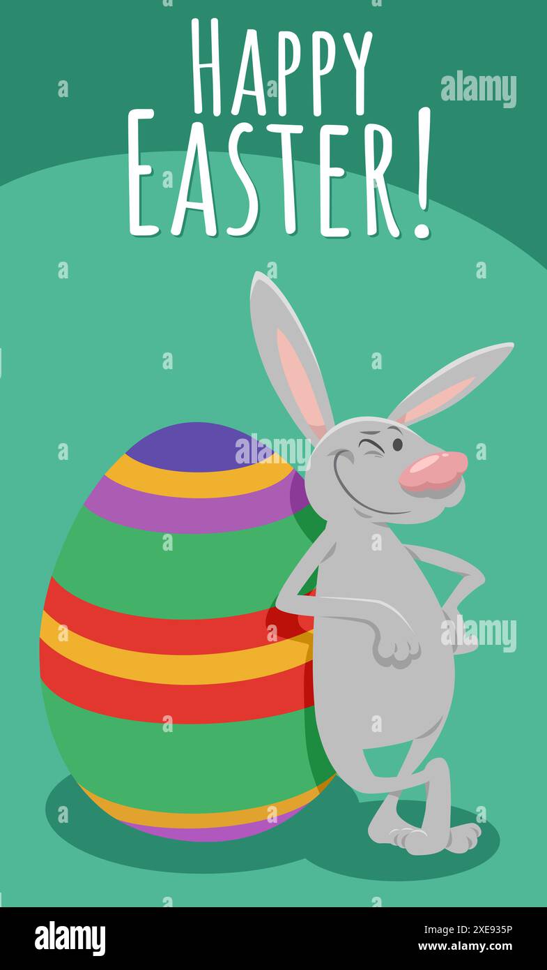 Happy cartoon Easter bunny with painted egg greeting card Stock Photo