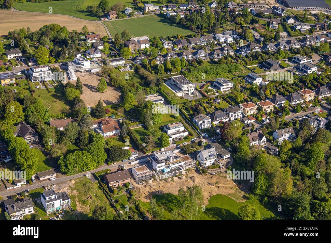 Aerial view, residential area single-family houses, exclusive housing estate between Oberer Ahlenbergweg and Unterer Ahlenbergweg, construction sites, Stock Photo