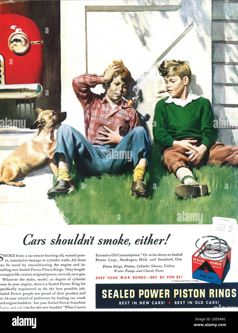 1947 Sealed Power Ad - Piston Rings - "Cars shouldn't smoke either" Stock Photo