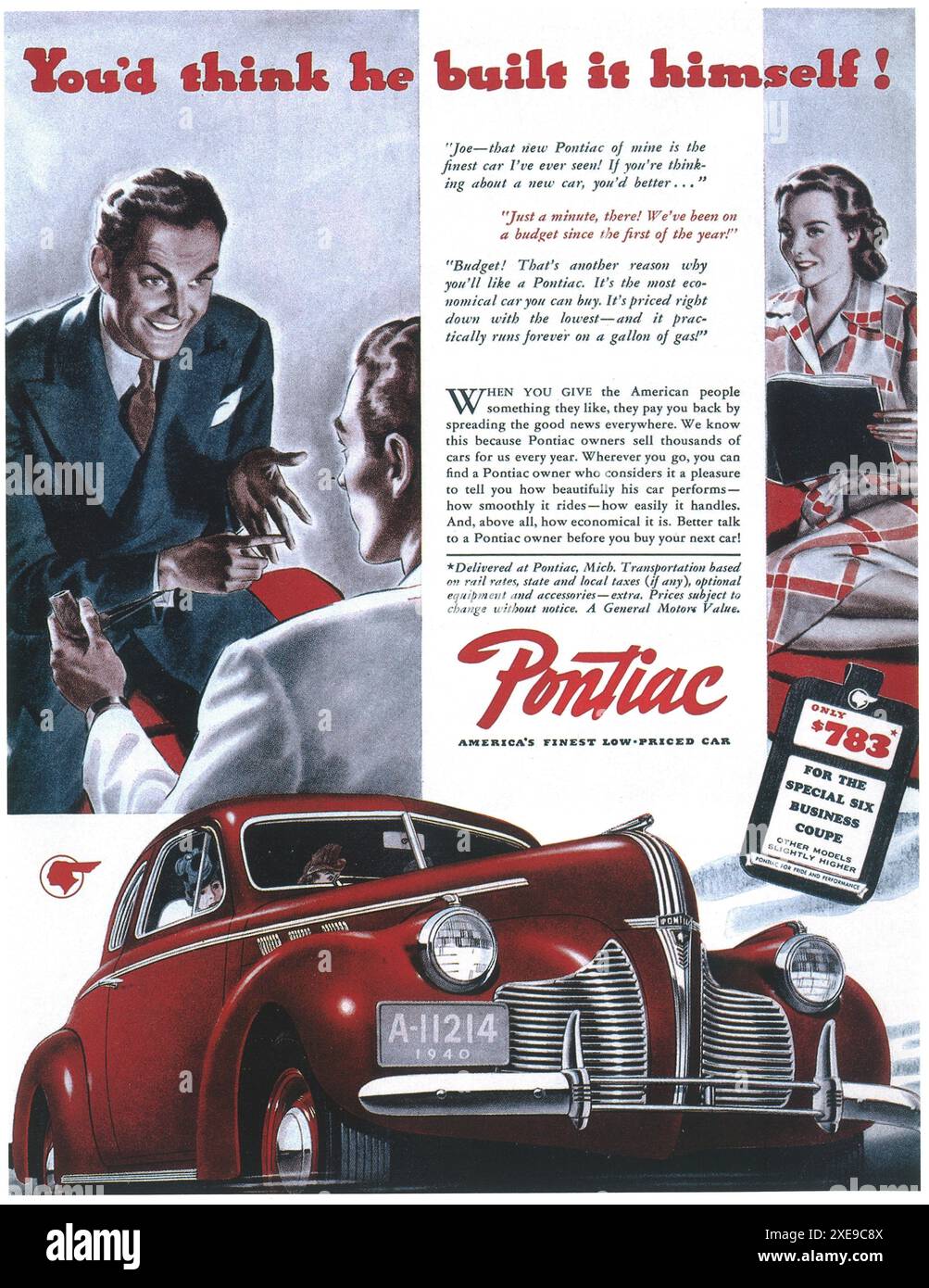 1940 Pontiac Special Six Business Coupe Ad-  'Ameroca's finest low priced car.' Stock Photo