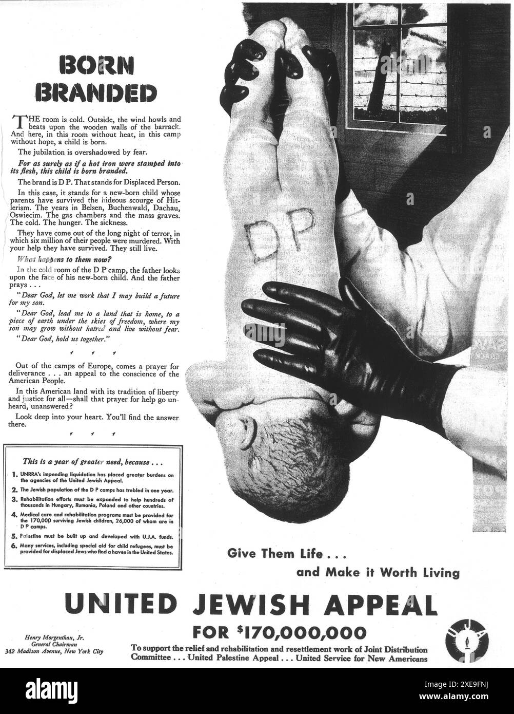 1947 United Jewish Appeal Ad - Born Branded D. P. Displaced Person - United Service for New Americans Stock Photo