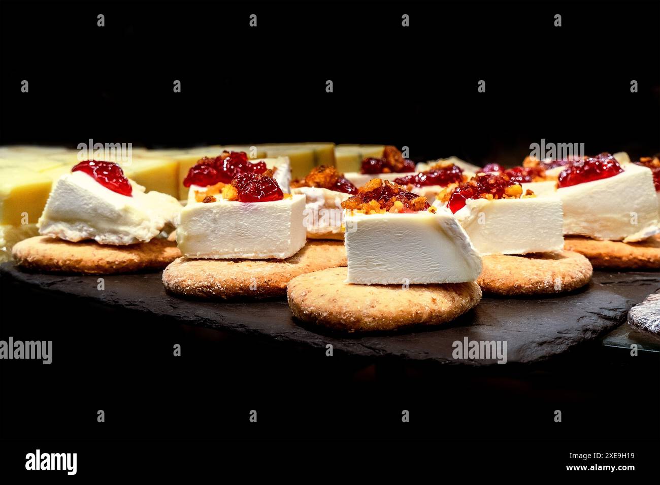 Tapas and pinchos at a food market in Spain. Traditional Spanish gastronomy Stock Photo
