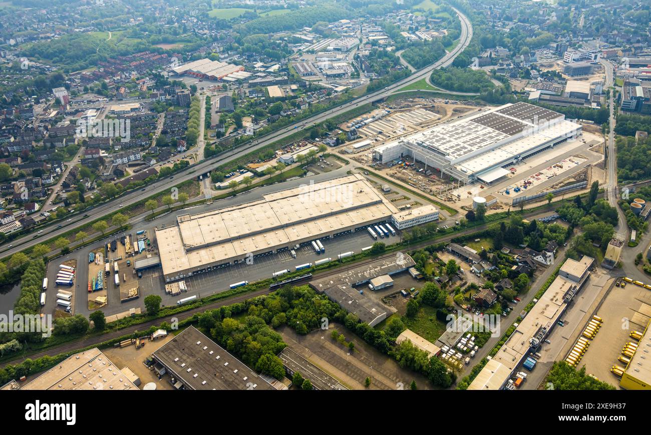 Aerial view, construction site industrial park HERBO at the highway