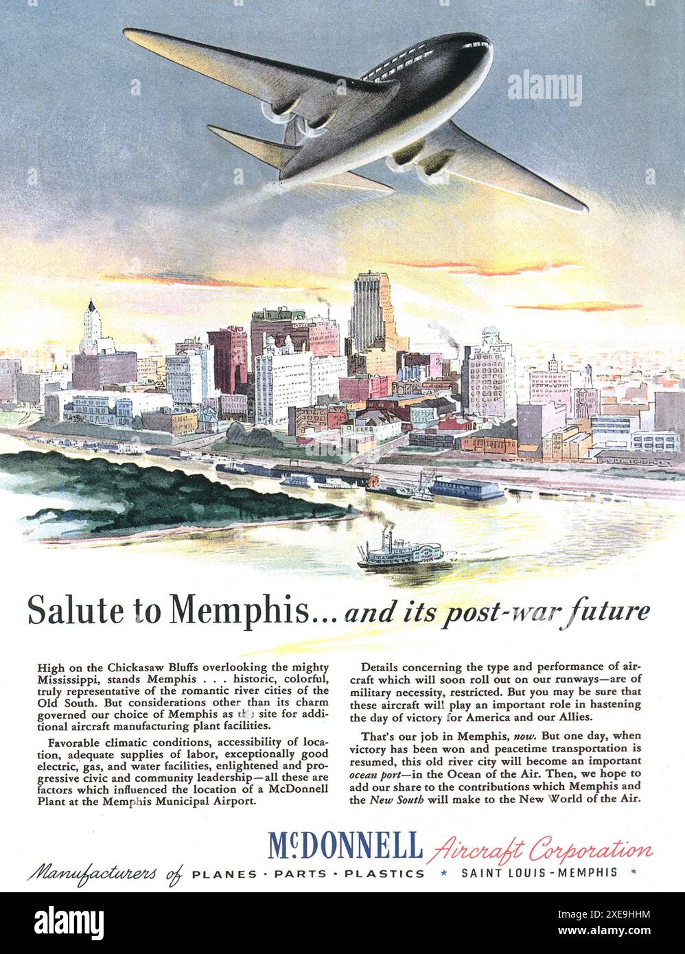 1943 McDonnell Aircraft Corporation Plant in Memphis, Tennessee Ad Stock Photo