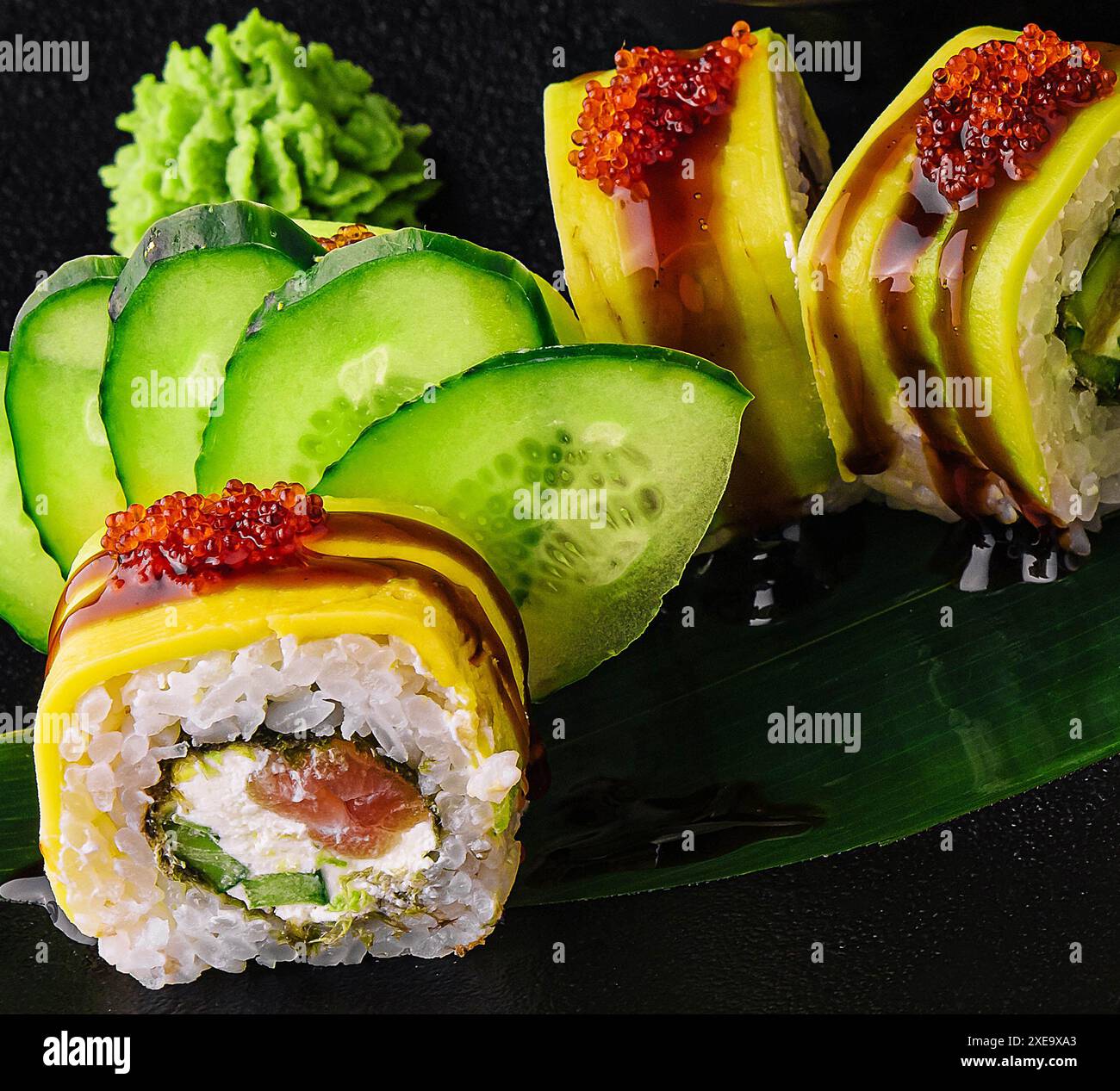 Green dragon sushi roll with eel, avocado, cucumber Stock Photo - Alamy