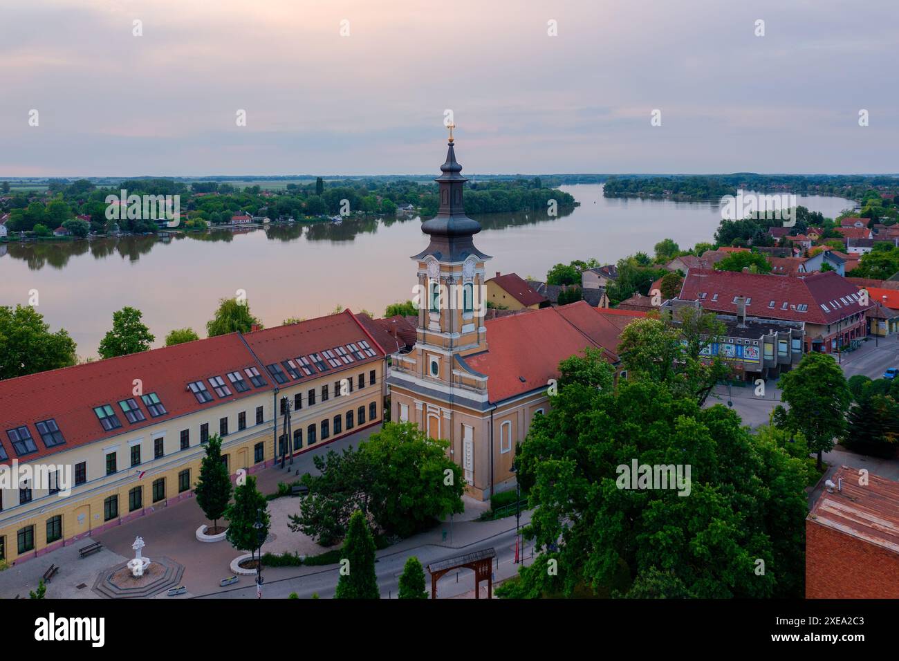 Aerail view about Ráckeve, a small town in Hungary which located about 50 kilometers south of Budapest, on Csepel Island. Stock Photo