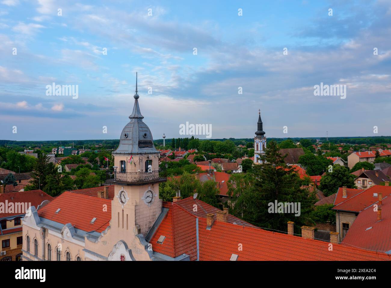 Aerail view about Ráckeve, a small town in Hungary which located about 50 kilometers south of Budapest, on Csepel Island. Stock Photo