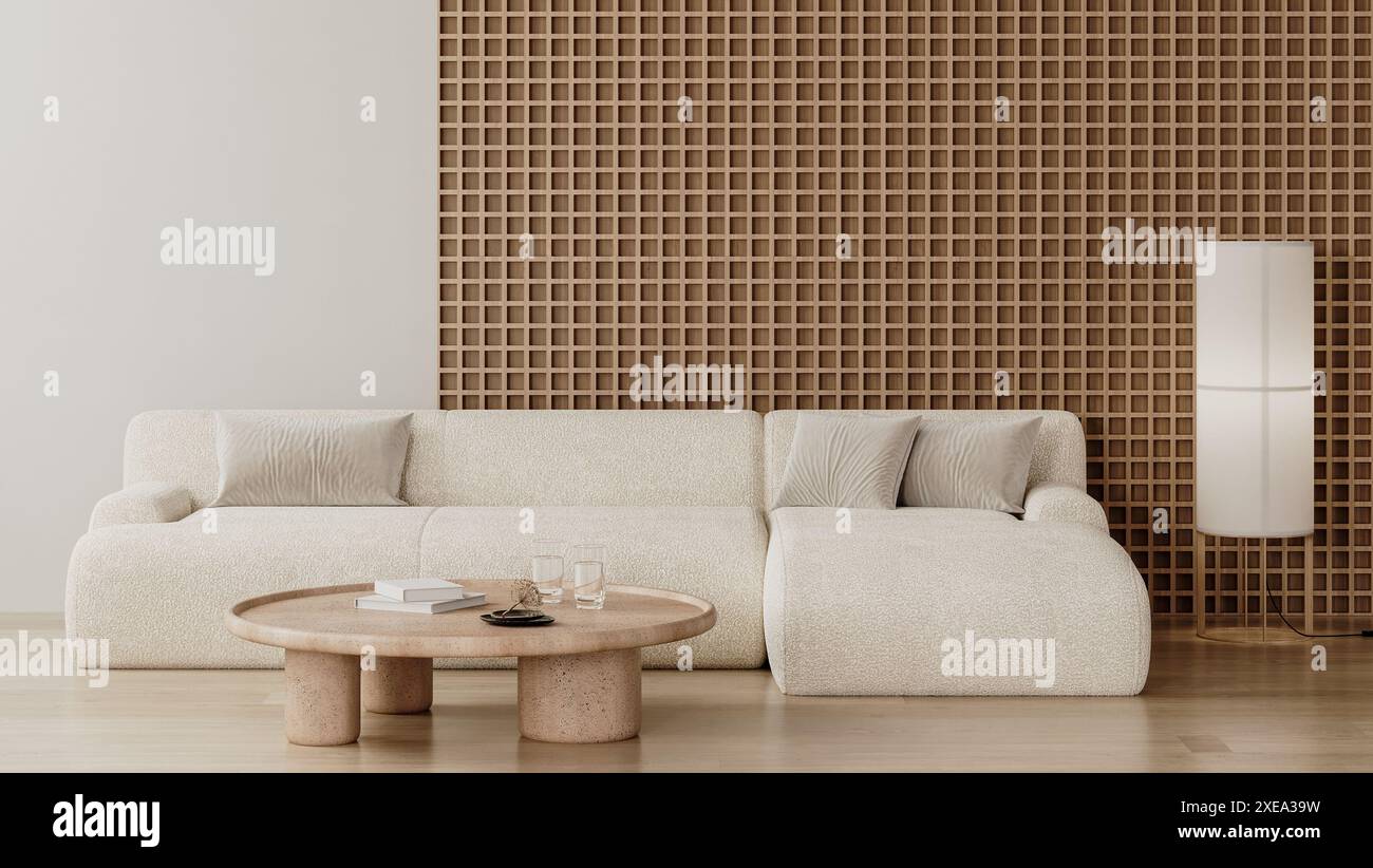 Modern living room interior with wooden wall panel, white sofa and ...