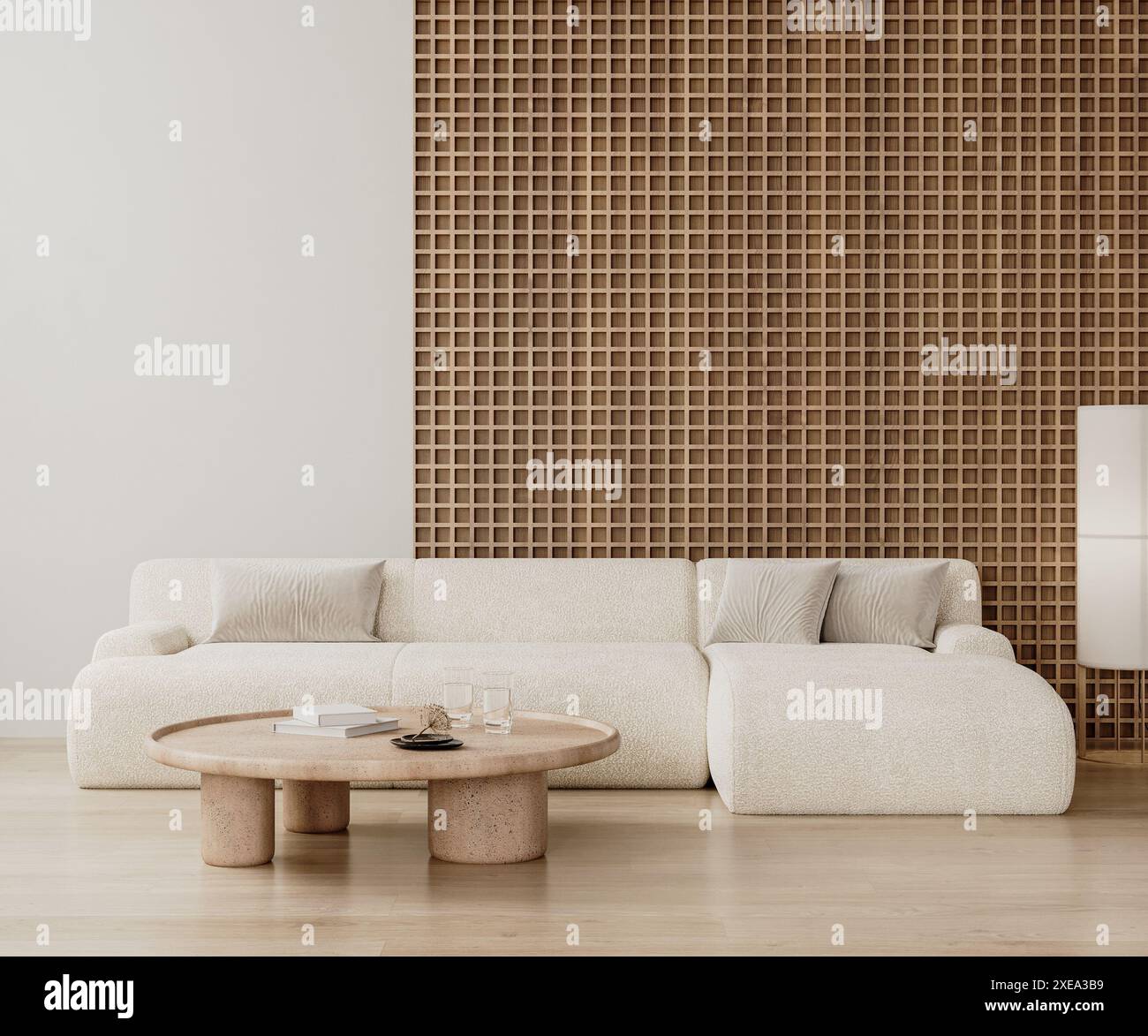 Modern living room interior with wooden wall panel, white sofa and ...