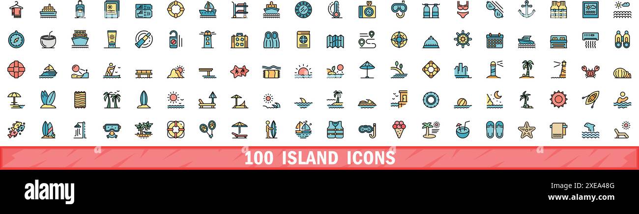 100 island icons set. Color line set of island vector icons thin line color flat on white Stock Vector