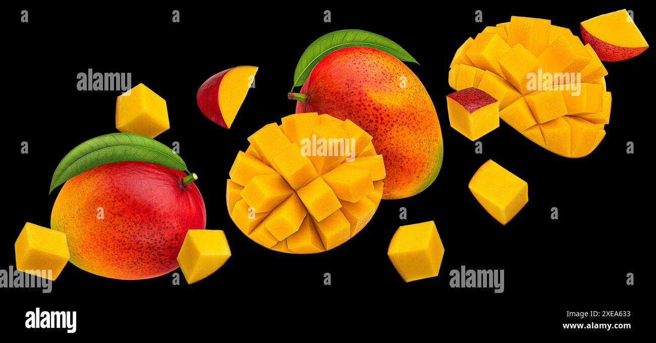 Mango fruits slices on black background Stock Photo