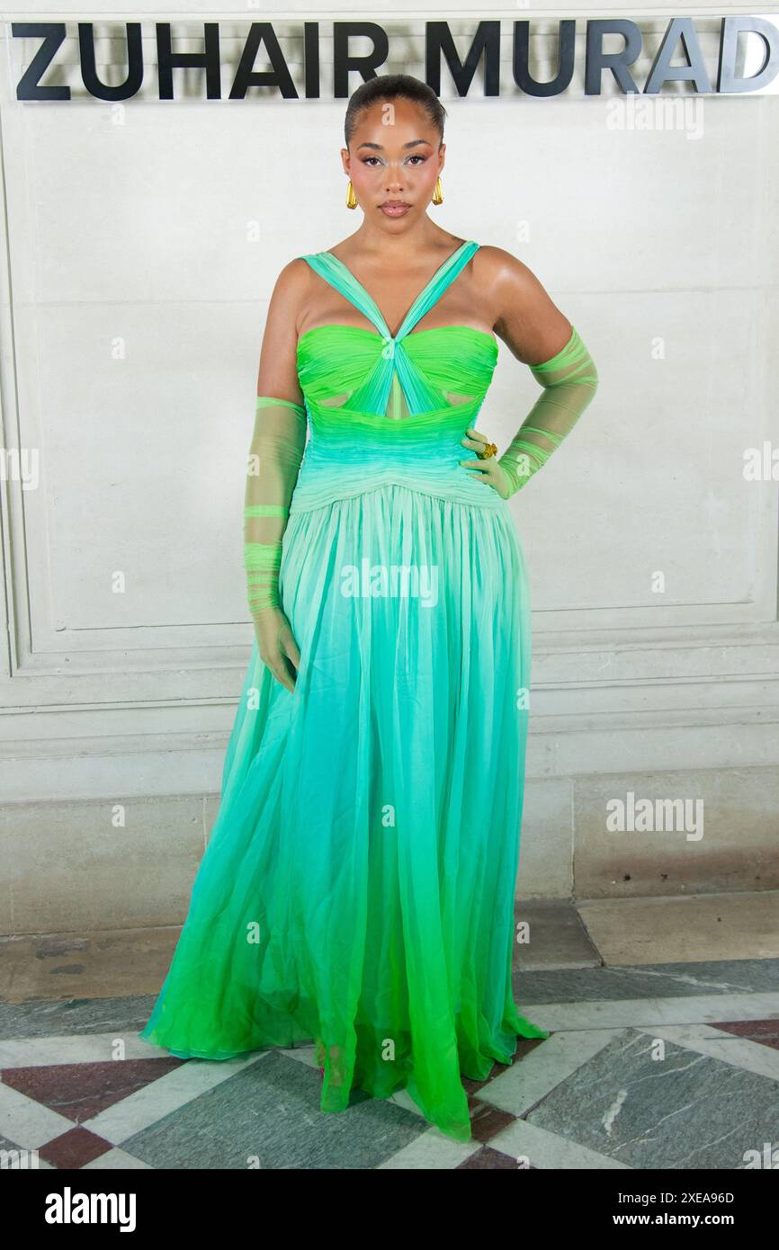 Paris, France. 26th June, 2024. Jordyn Woods attending the Zuhair Murad  Haute Couture Fall/Winter 2024-2025 show as part of Paris Fashion Week in  Paris, France on June 26, 2024. Photo by Aurore