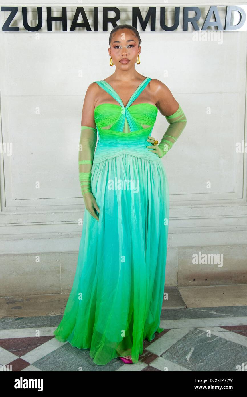 Jordyn Woods attending the Zuhair Murad Haute Couture Fall/Winter 2024-2025  show as part of Paris Fashion Week in Paris, France on June 26, 2024. Photo  by Aurore Marechal/ABACAPRESS.COM Stock Photo - Alamy